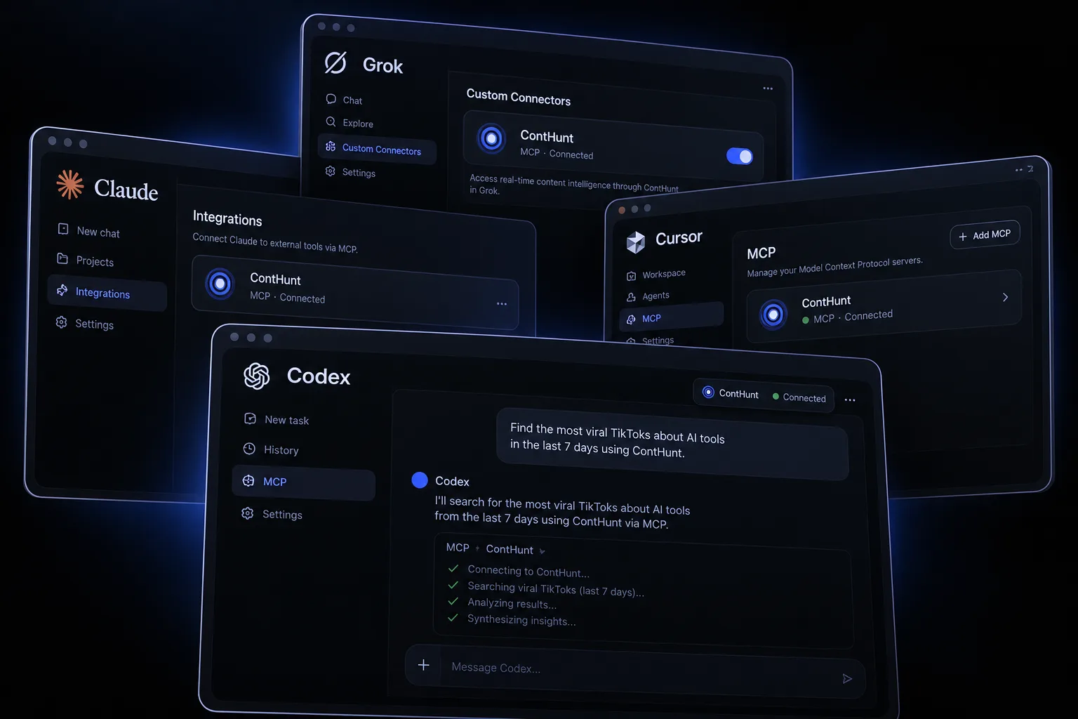 ContHunt connected in Codex, Claude, Cursor, and Grok